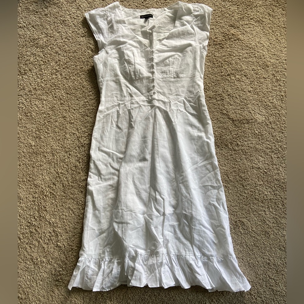 Banana Republic White Linen V-Neck Button Ruffle Midi Dress, Plus Size 16
